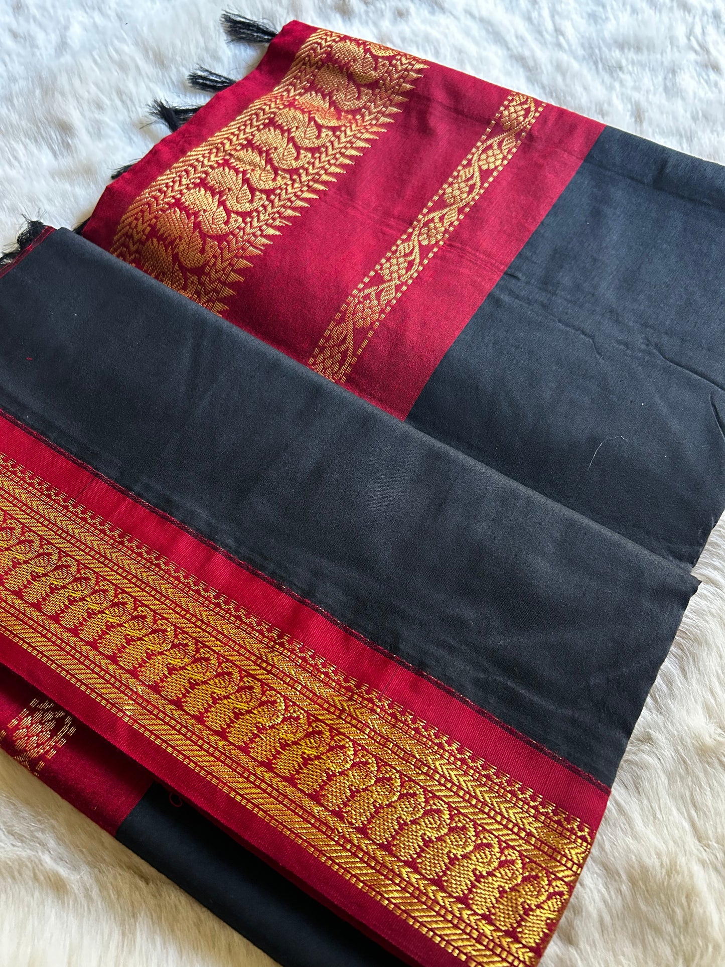 Black and Red - Premium Cotton Silk Saree with Contrast Blouse