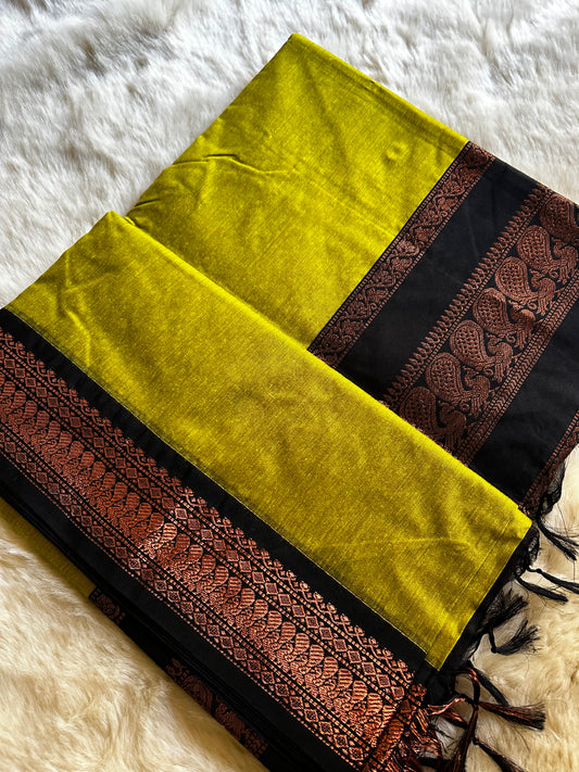 Black and Green - Premium Cotton Silk Saree with Contrast Blouse