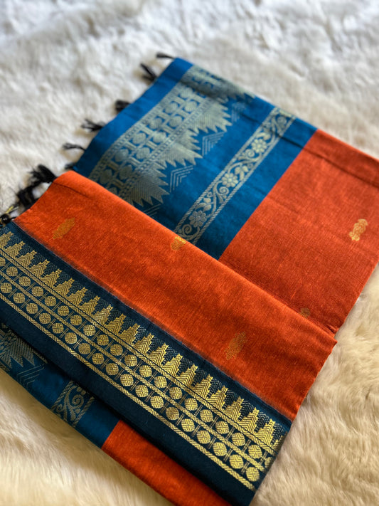 Blue and Orange - Premium Cotton Silk Saree with Contrast Blouse