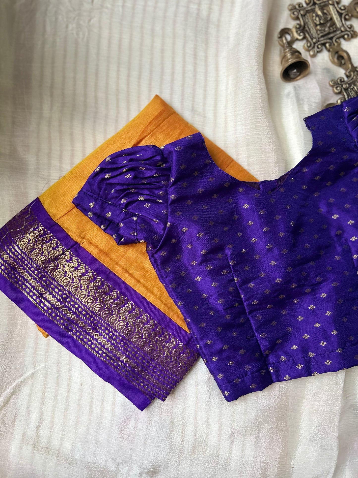 Kasturi - purple and mango yellow kanchi cotton south Indian ethnic wear langa blouse for baby girl