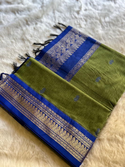 Olive Green and Blue - Premium Cotton Silk Saree with Contrast Blouse