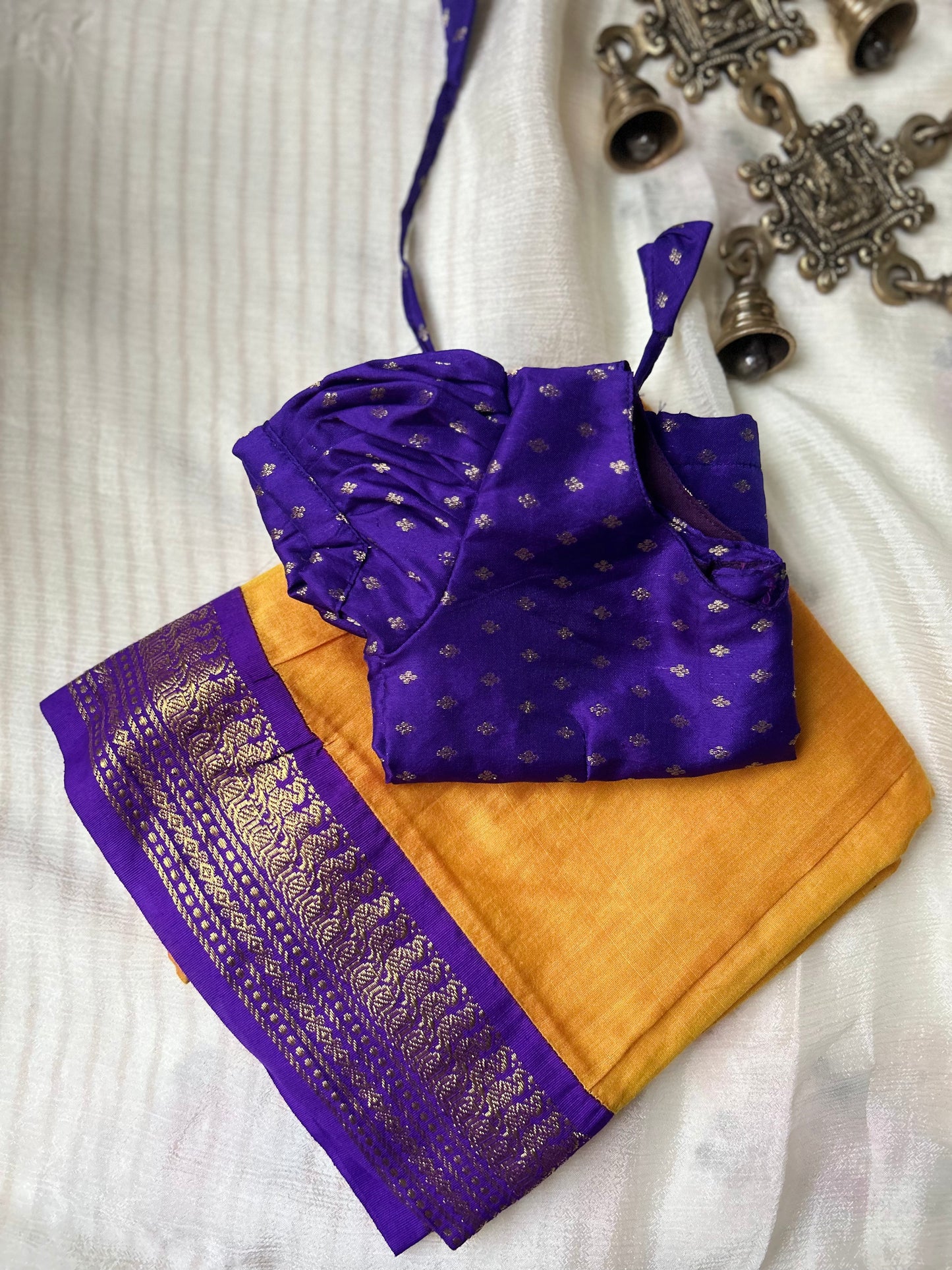 Kasturi - purple and mango yellow kanchi cotton south Indian ethnic wear langa blouse for baby girl