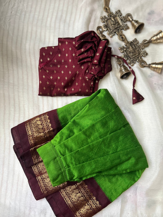 Manju - maroon and green kanchi cotton south Indian ethnic wear langa blouse for baby girl