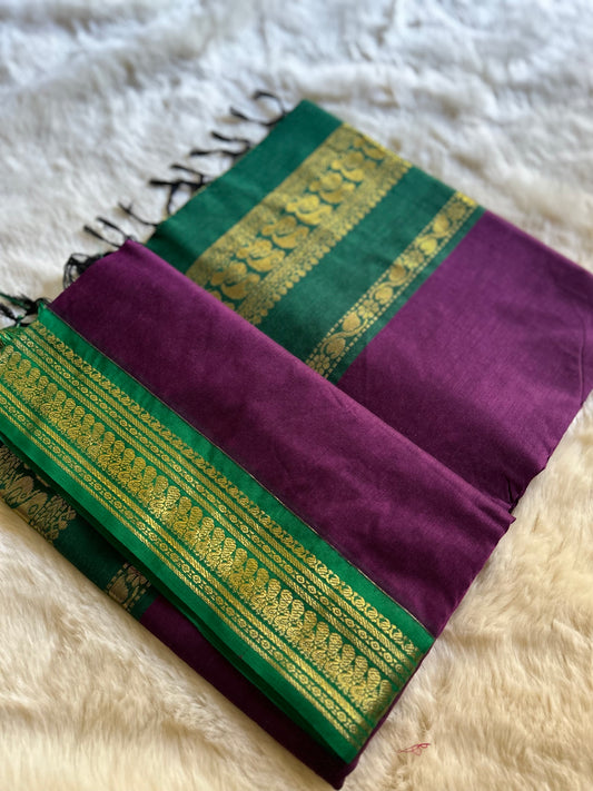 Wine'ish Pink and Green - Premium Cotton Silk Saree with Contrast Blouse