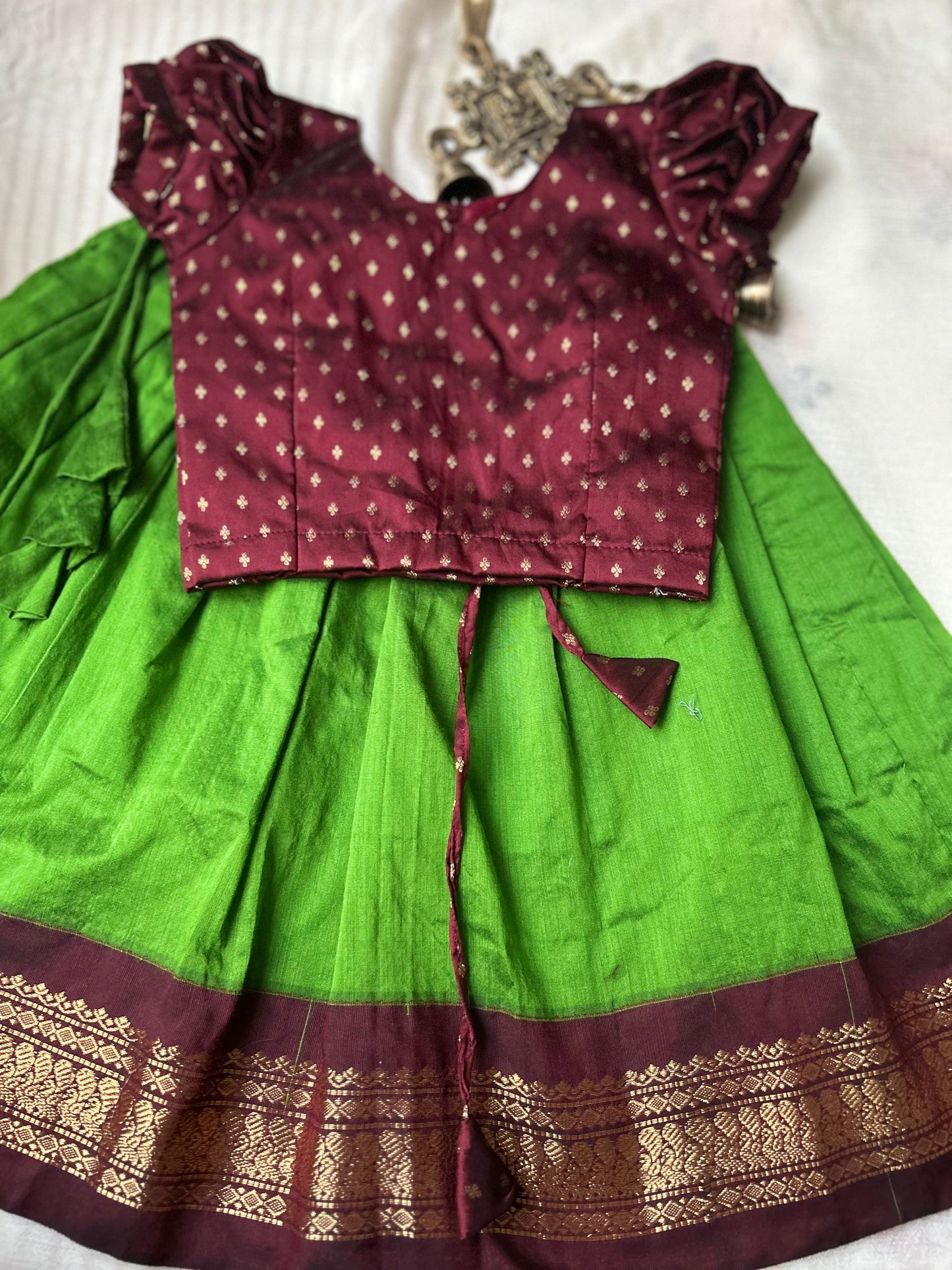 Manju - maroon and green kanchi cotton south Indian ethnic wear langa blouse for baby girl