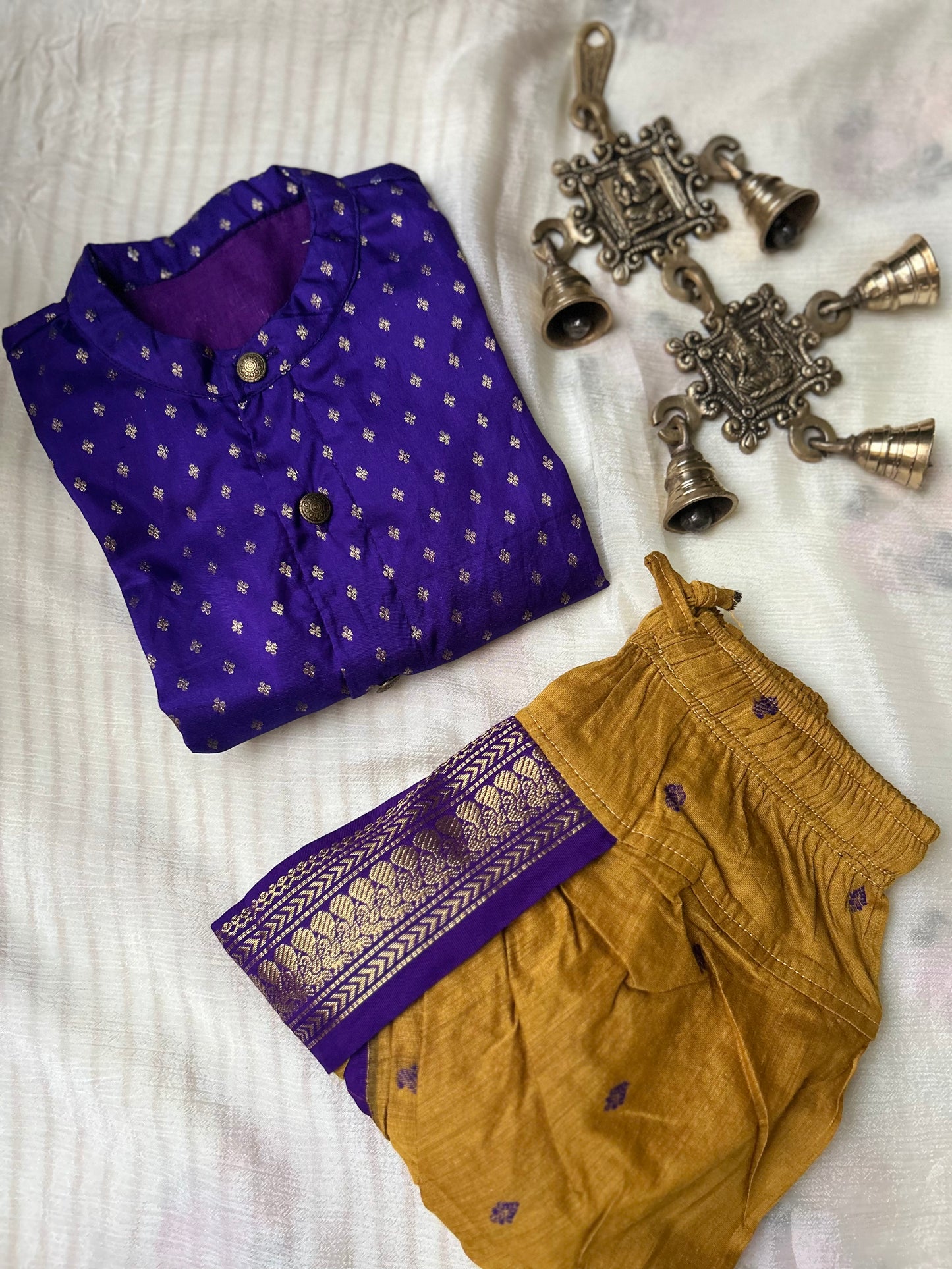 Purple and Mustard Yellow Semi Silk Baby Boy Kurta Dhoti Set