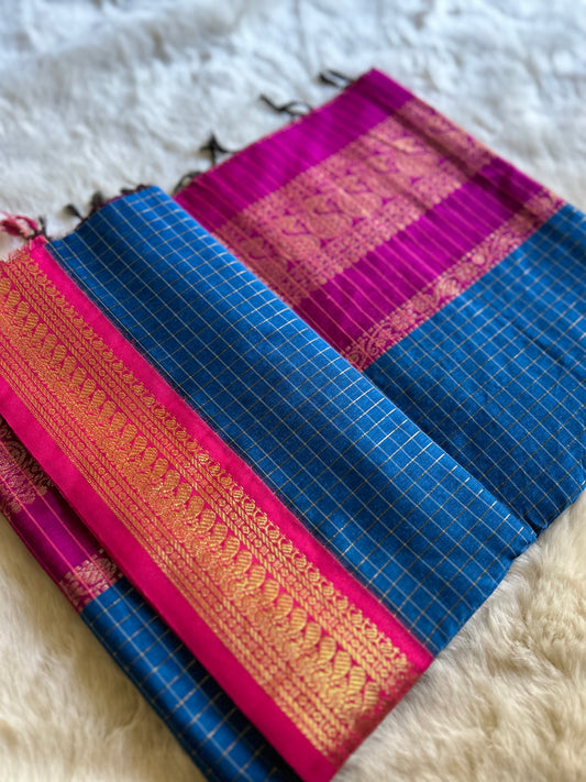 Blue and Pink - Premium Checked Cotton Silk Saree with Contrast Blouse