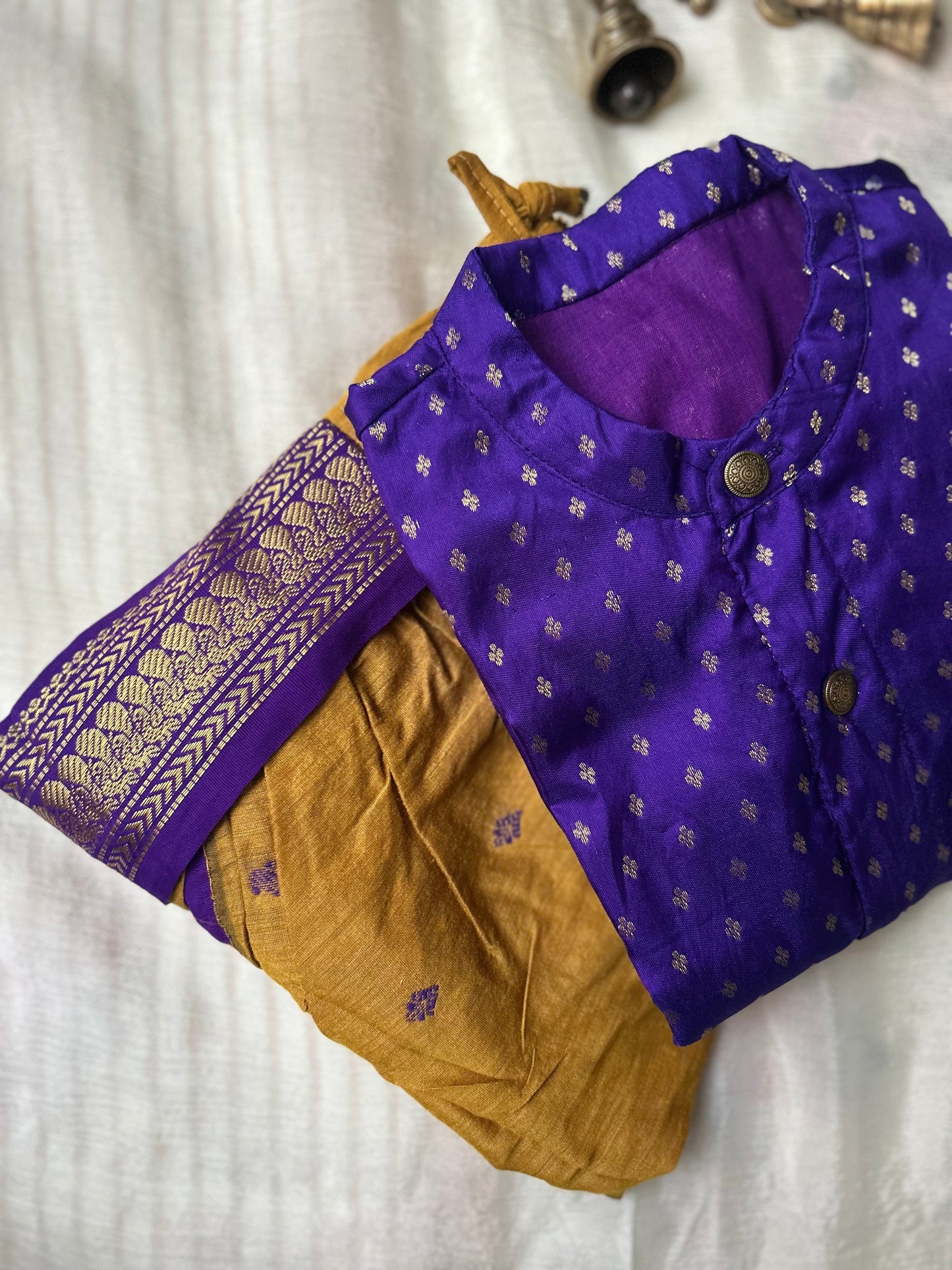 Purple and Mustard Yellow Semi Silk Baby Boy Kurta Dhoti Set