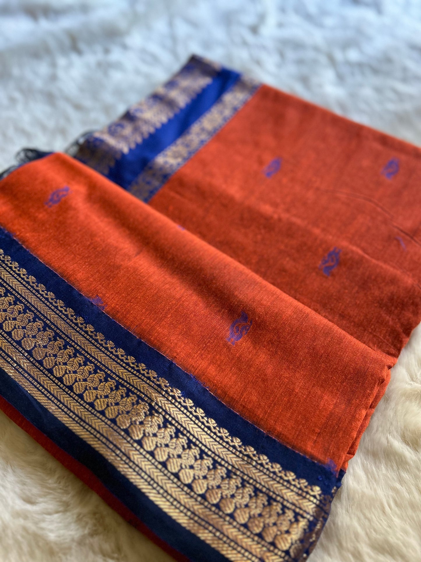 Rusty Orange and Blue - Premium Cotton Silk Saree with Contrast Blouse