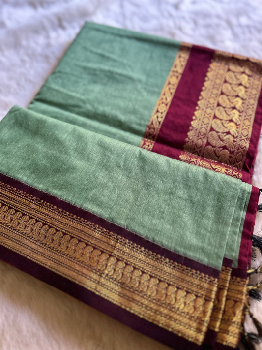 Saraswati Green and Maroon - Premium Cotton Silk Saree with Contrast Blouse