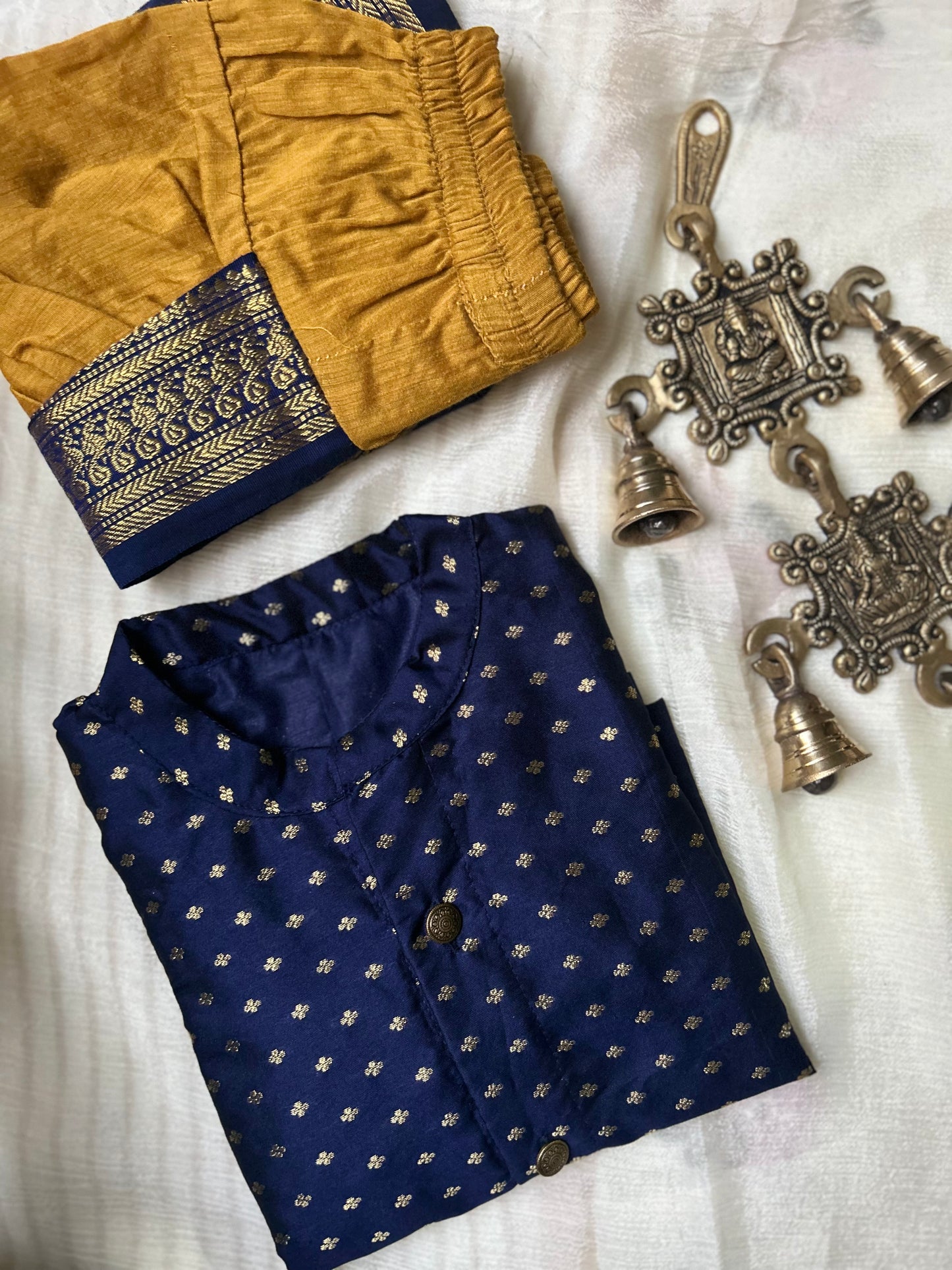 Navy Blue and Mustard Yellow Semi Silk Baby Boy Kurta Dhoti Set