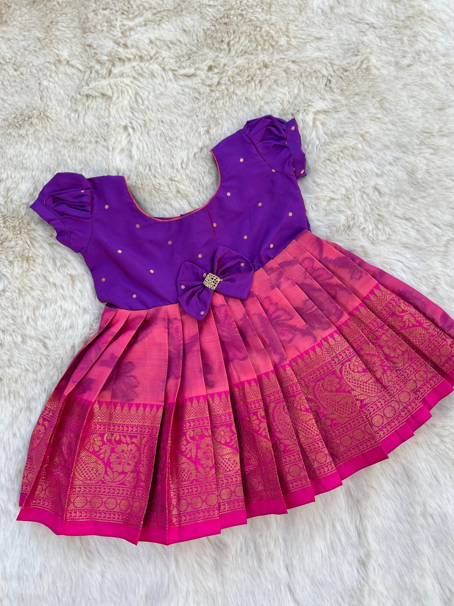 Dual Tone Purple and Pink Green - Pochampally Silk Ethnic Wear Frock for Baby Girl