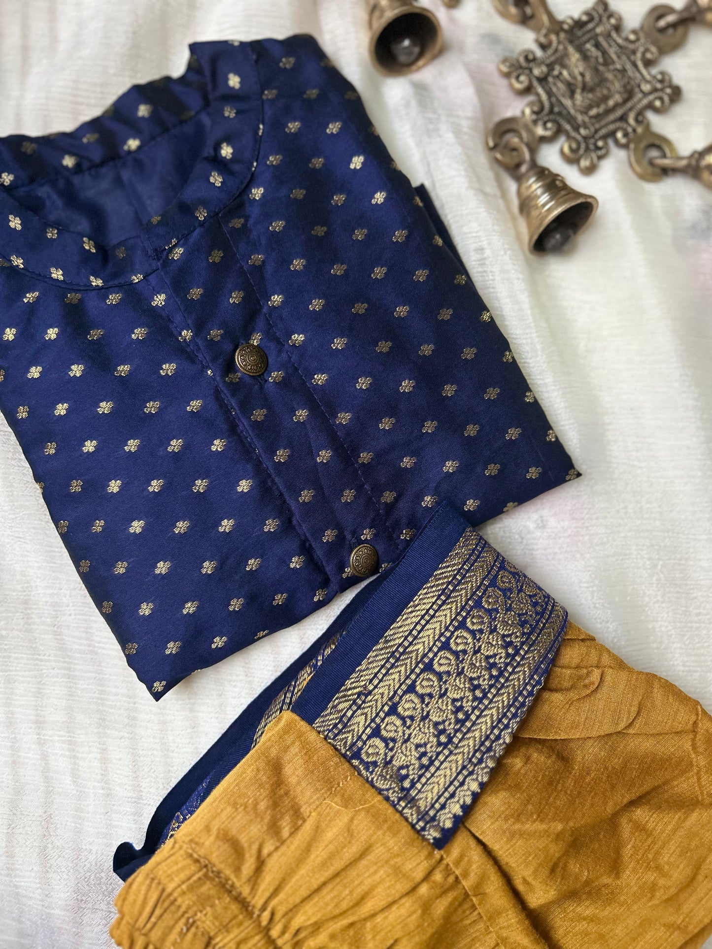 Navy Blue and Mustard Yellow Semi Silk Baby Boy Kurta Dhoti Set