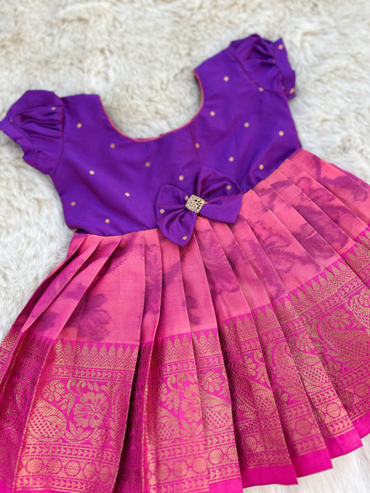 Dual Tone Purple and Pink Green - Pochampally Silk Ethnic Wear Frock for Baby Girl