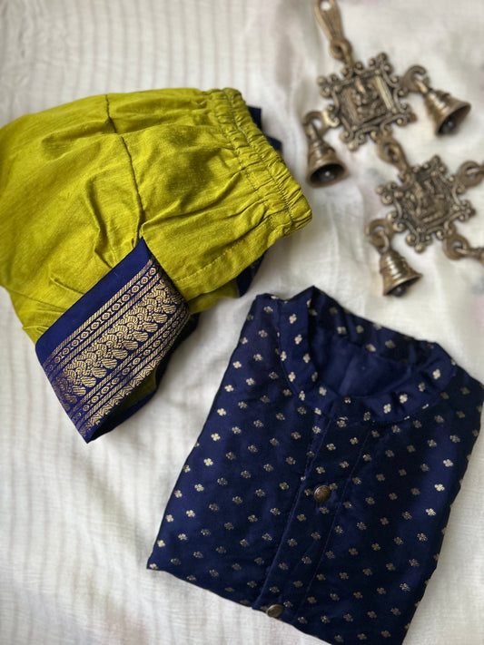 Navy Blue and Festive Green Semi Silk Baby Boy Kurta Dhoti Set