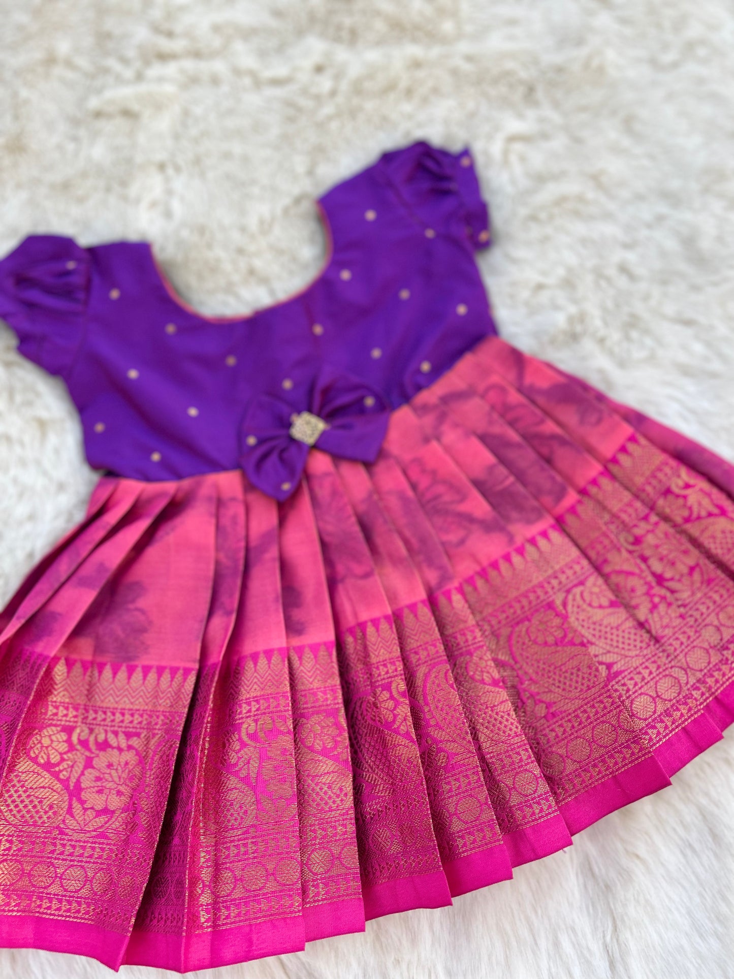 Dual Tone Purple and Pink Green - Pochampally Silk Ethnic Wear Frock for Baby Girl