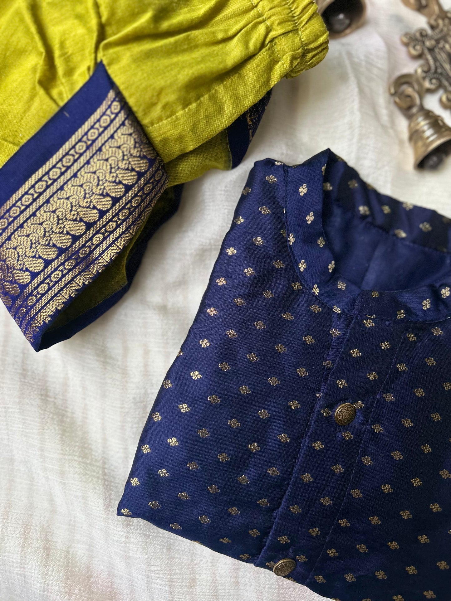 Navy Blue and Festive Green Semi Silk Baby Boy Kurta Dhoti Set