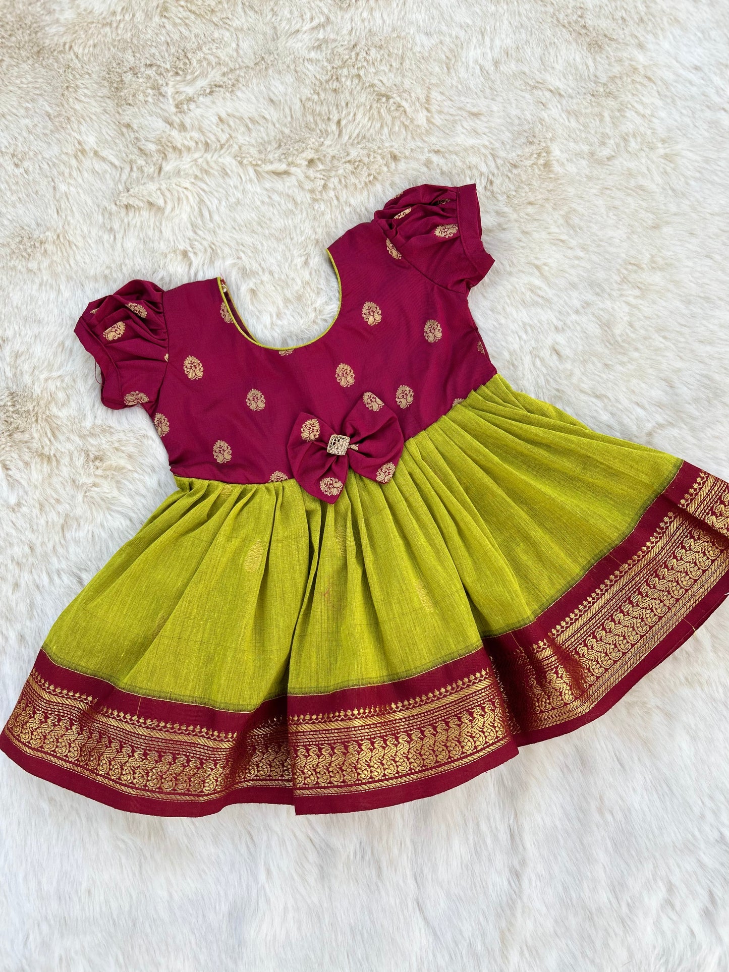 Green and Maroon - Kanchi Cotton Silk Ethnic Wear Frock for Baby Girl