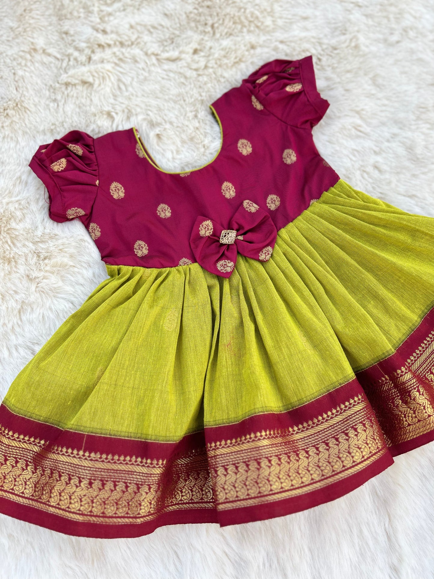 Green and Maroon - Kanchi Cotton Silk Ethnic Wear Frock for Baby Girl