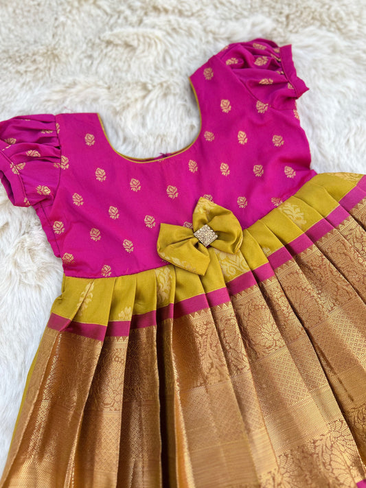 Pleasant Pink and Olive - Silk Ethnic Wear Frock for Baby Girl