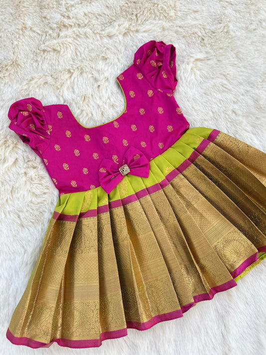 Pleasant Pink and Parrot Green - Silk Ethnic Wear Frock for Baby Girl