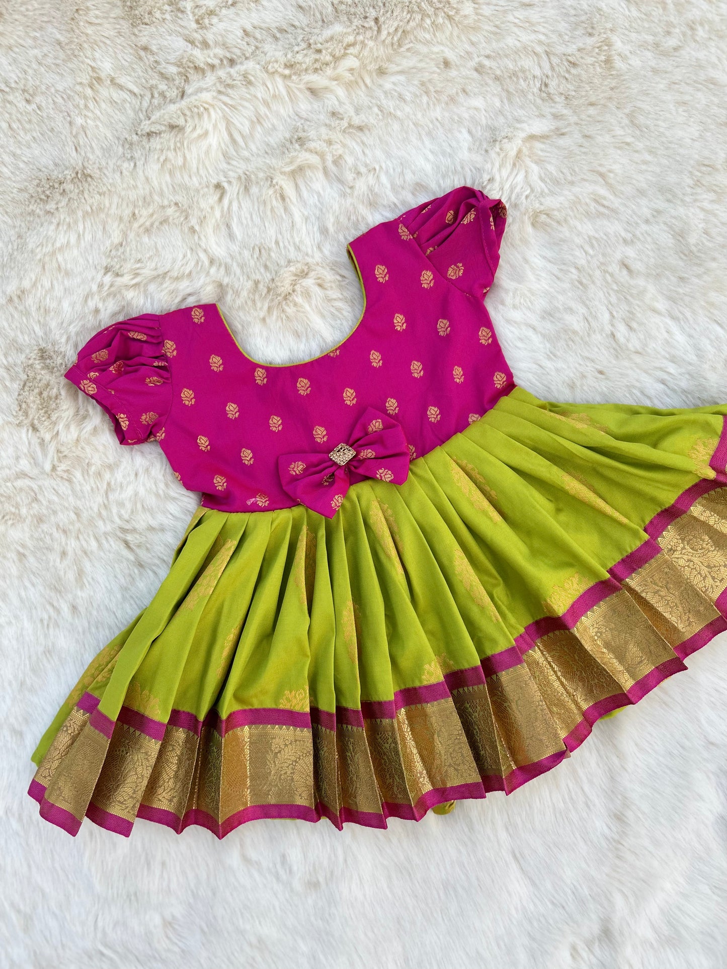 Pleasant Pink and Parrot Green (Small Border) - Silk Ethnic Wear Frock for Baby Girl