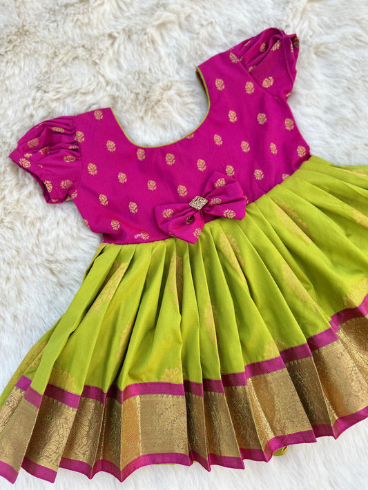 Pleasant Pink and Parrot Green (Small Border) - Silk Ethnic Wear Frock for Baby Girl