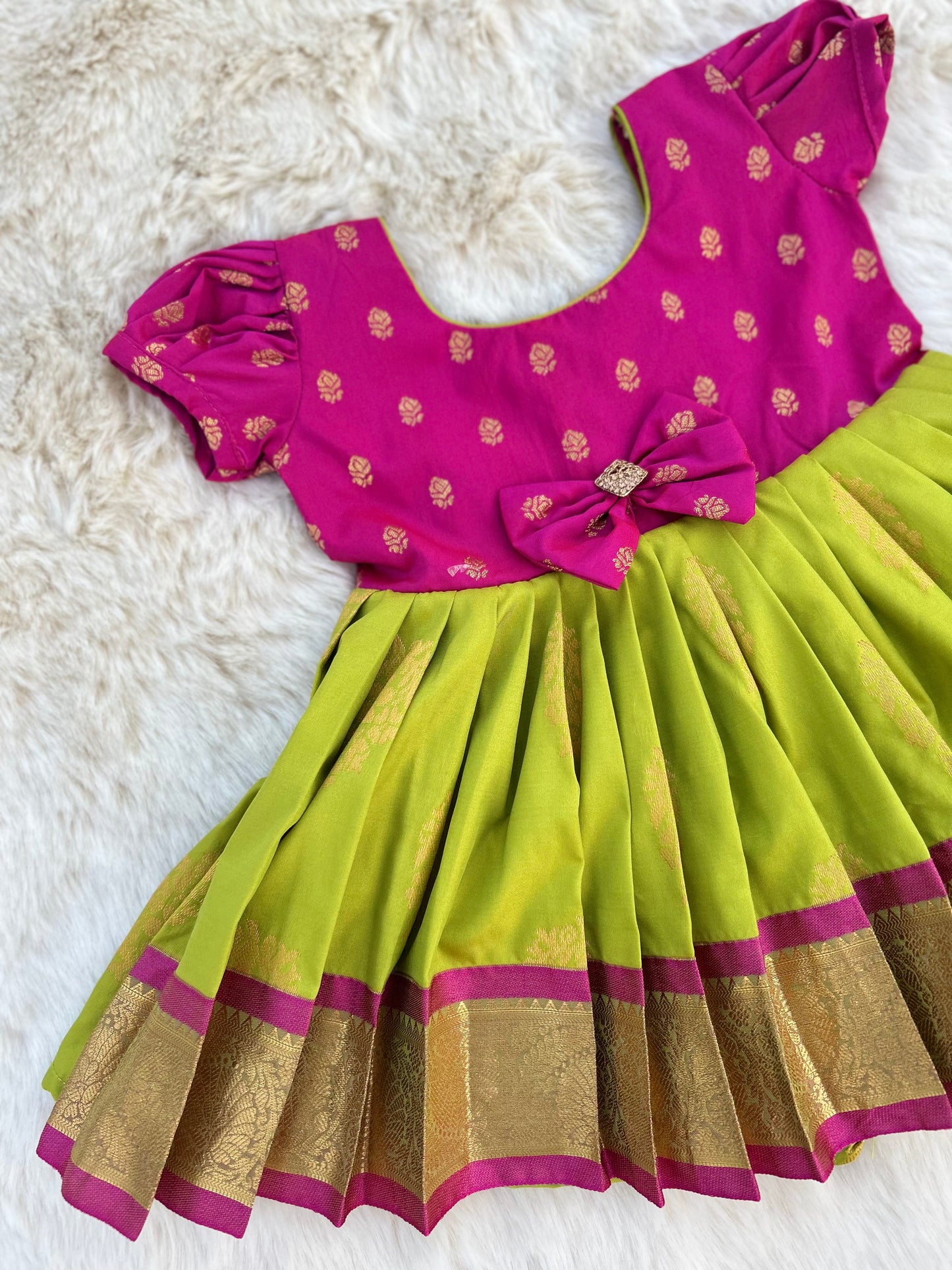 Pleasant Pink and Parrot Green (Small Border) - Silk Ethnic Wear Frock for Baby Girl