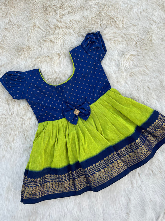 Green and Blue - Kanchi Cotton silk Ethnic Wear Frock for Baby Girl