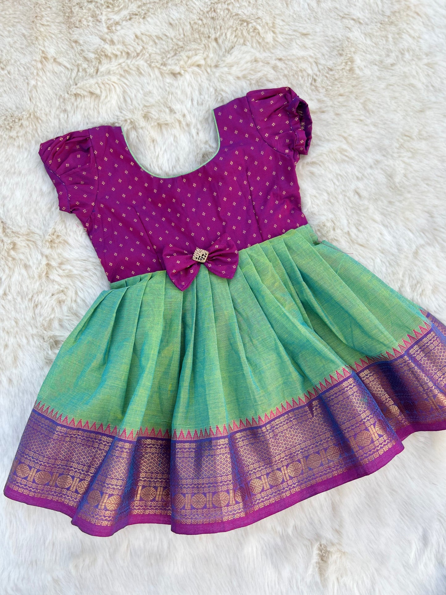 Dual Tone Pink and Dew Green - Kanchi Cotton silk Ethnic Wear Frock for Baby Girl