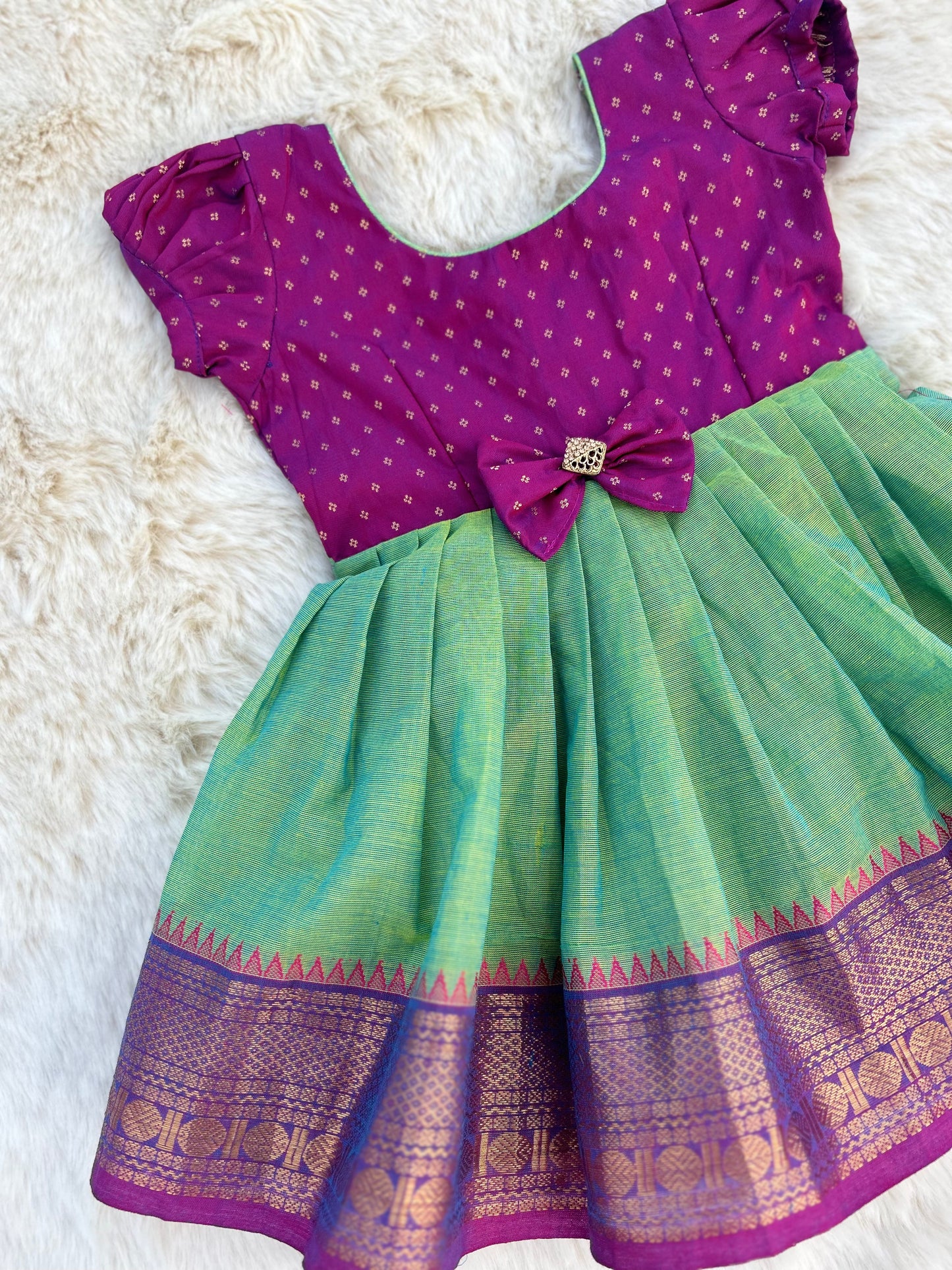 Dual Tone Pink and Dew Green - Kanchi Cotton silk Ethnic Wear Frock for Baby Girl