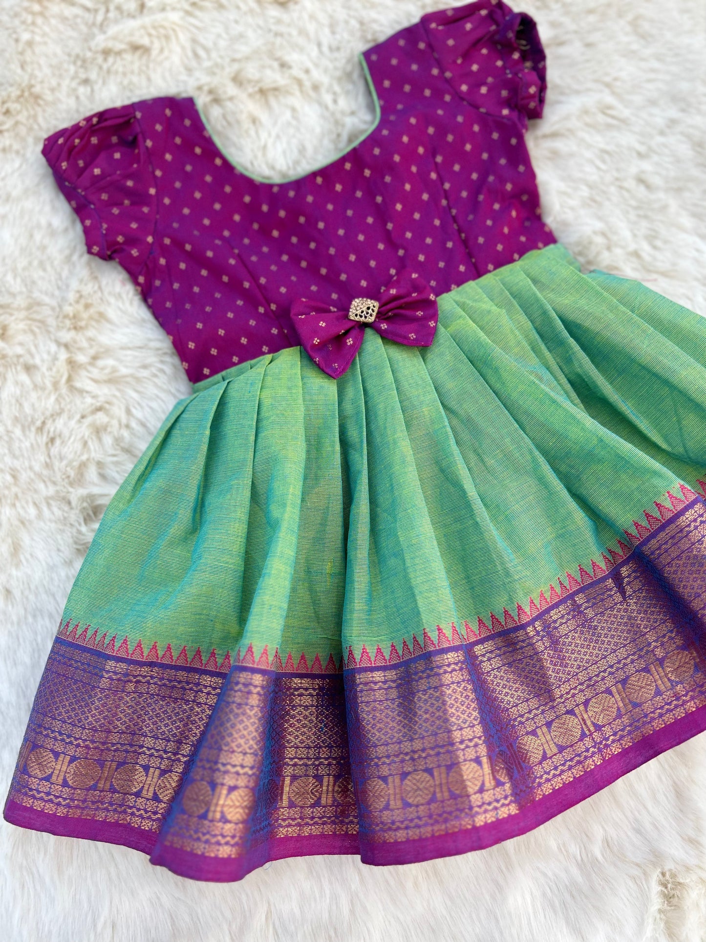 Dual Tone Pink and Dew Green - Kanchi Cotton silk Ethnic Wear Frock for Baby Girl