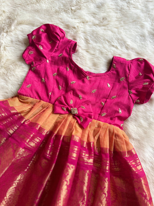 Turmeric Yellow and Pink (Big Border) - Kanchi Cotton silk Ethnic Wear Frock for Baby Girl