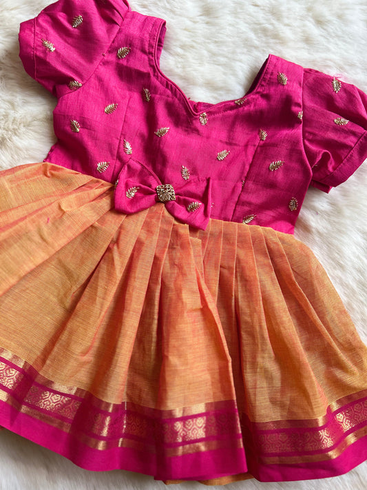 Turmeric Yellow and Pink (Small Border) - Kanchi Cotton silk Ethnic Wear Frock for Baby Girl