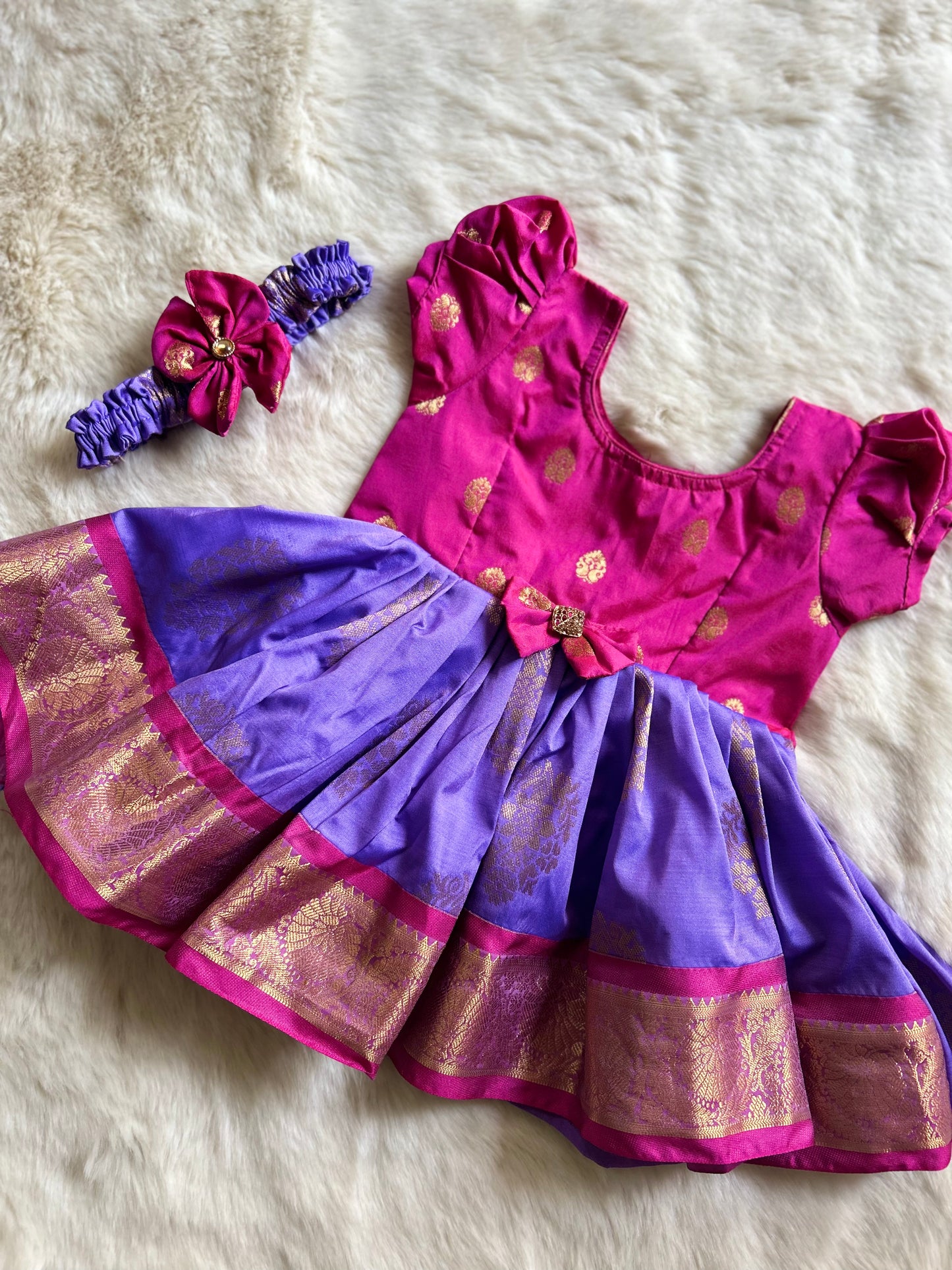 Magenta Pink and Lavender (Small Border) - Silk Ethnic Wear for Baby Girl