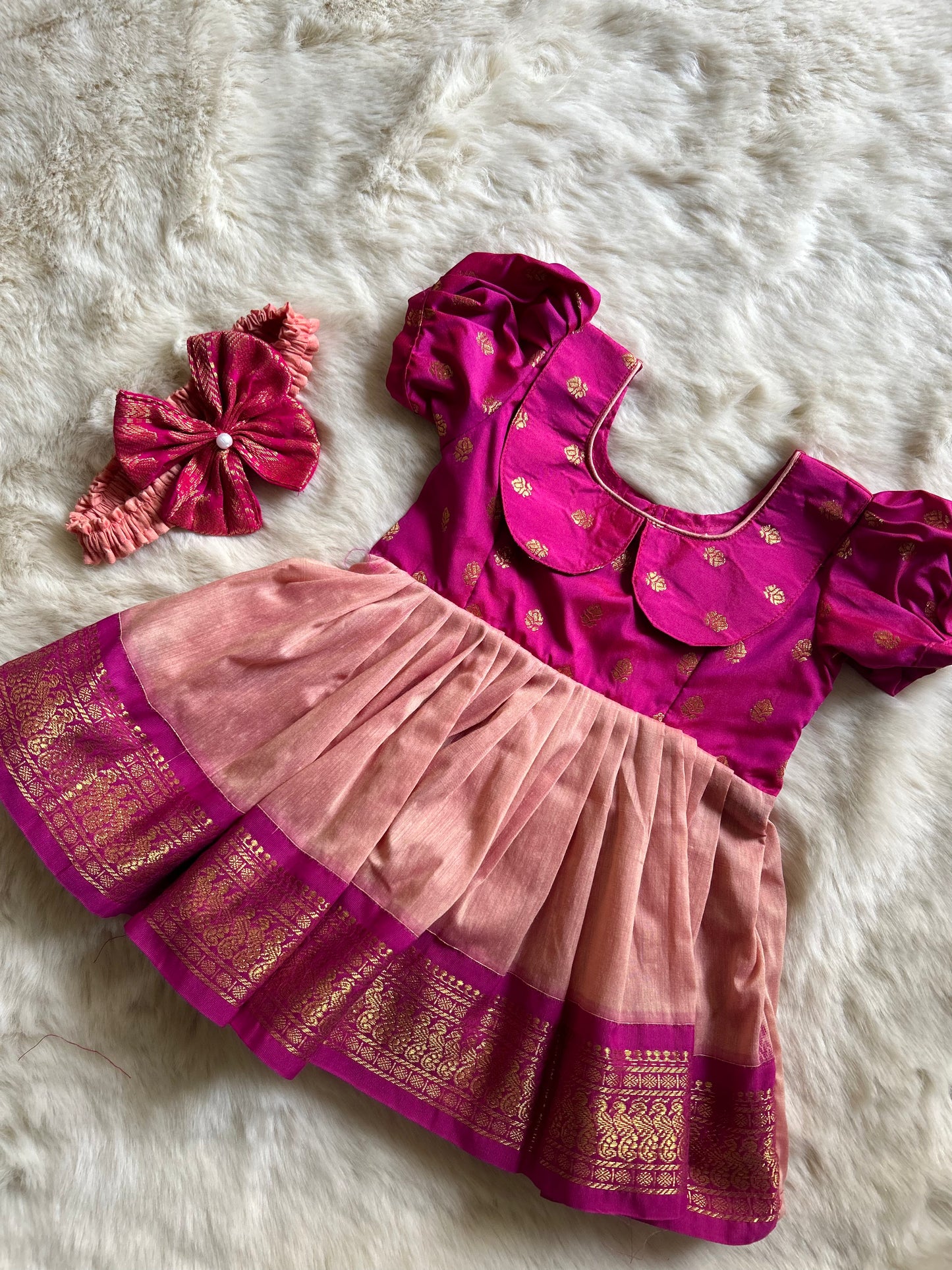 Pink and blush (Retro Style) - Zari border ethnic wear for baby girl