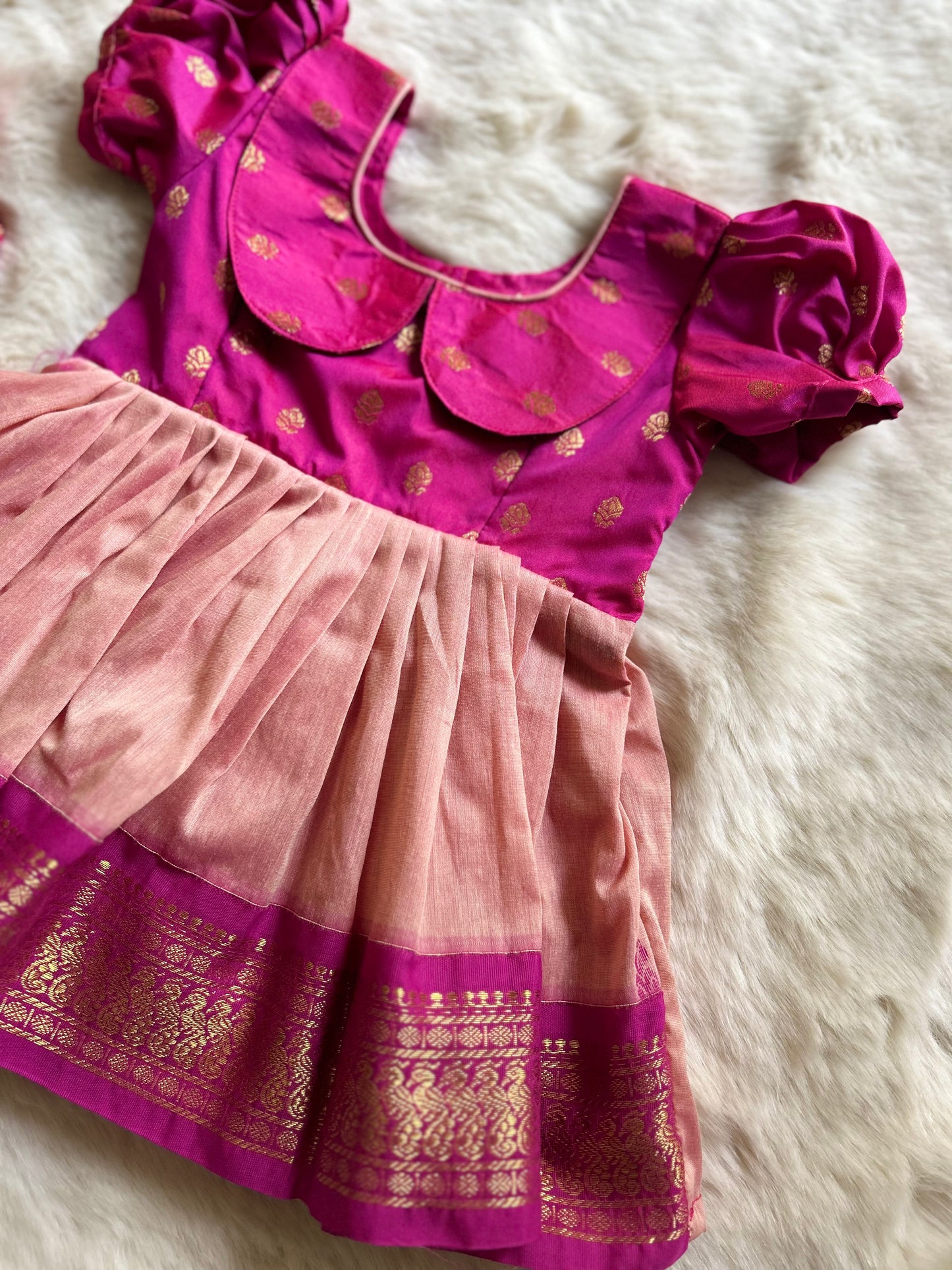 Pink and blush (Retro Style) - Zari border ethnic wear for baby girl