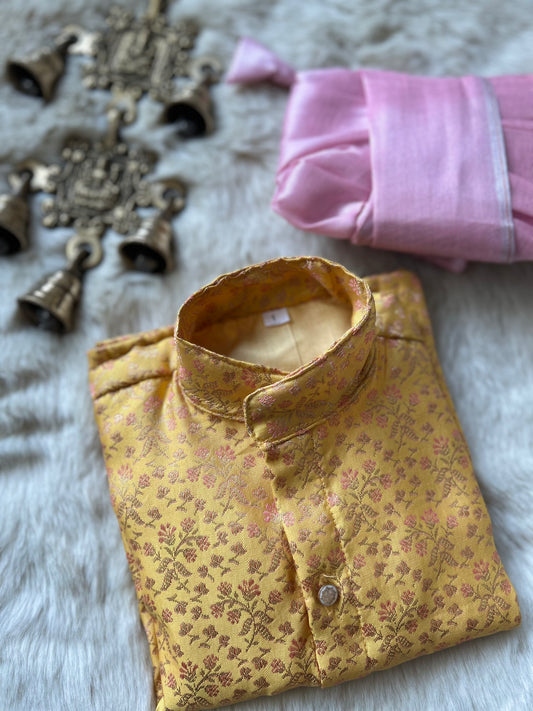 Golden yellow and powder pink kurta dhoti baby boy ethnic wear