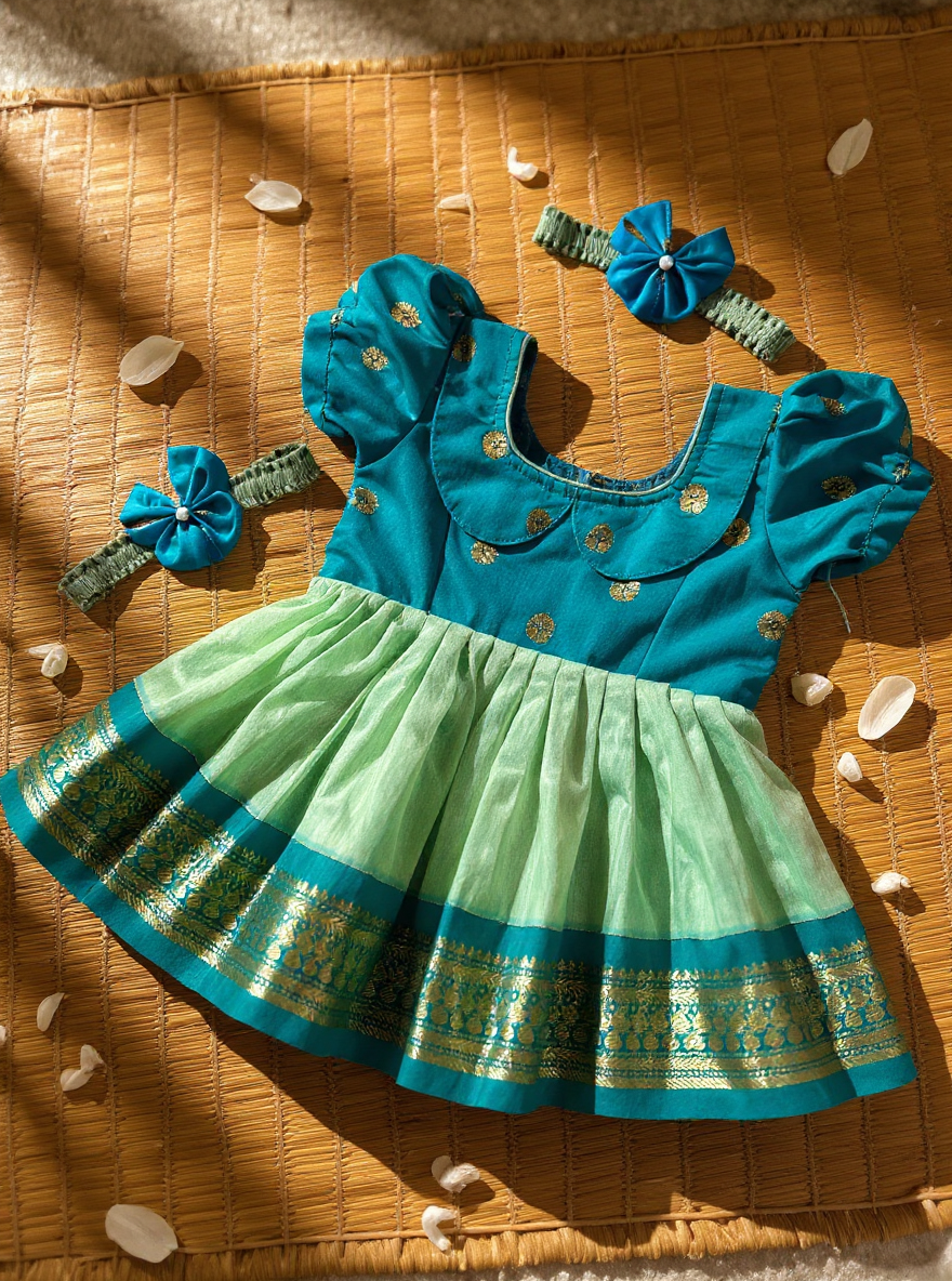 Rama Green Retro Style Zari Border Ethnic Dress – Traditional Dress for Baby Girl