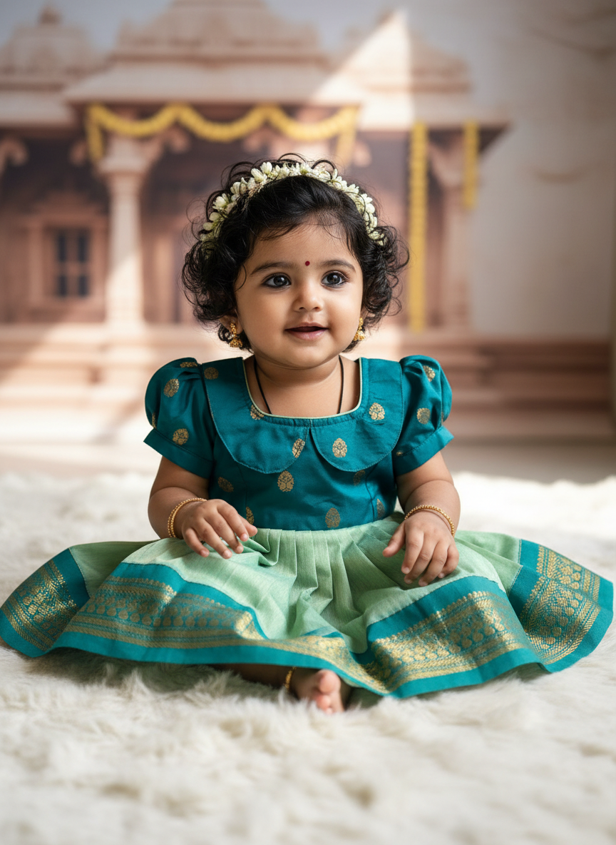 Rama Green Retro Style Zari Border Ethnic Dress Traditional Dress fo Baby&Me Rama Green Retro Style Zari Border Ethnic Dress Traditional Dress fo Baby&Me