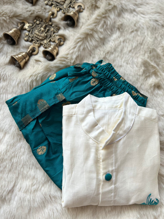 Baby Boy Krishna Dress (Big Butta) - White and peacock blue feather embroidered kurta dhoti ethnic dress for baby boy