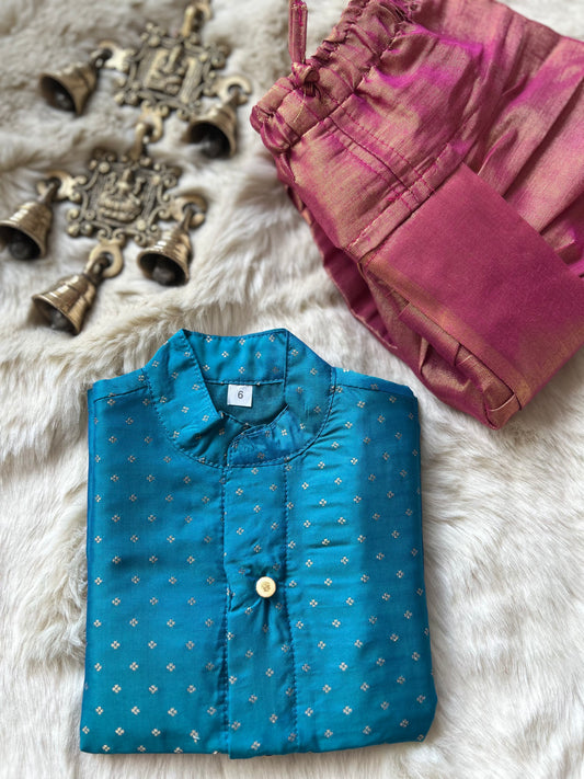 Ananda blue with rose pink shade kurta dhoti ethnic wear for baby boy