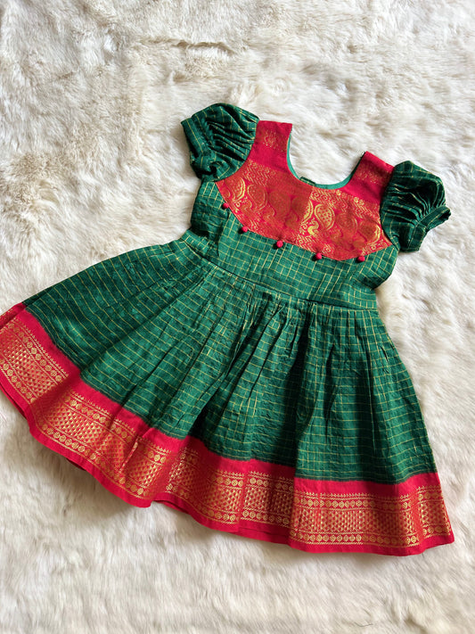 Traditional green with red zari border kalyani cotton silk dress for baby girl