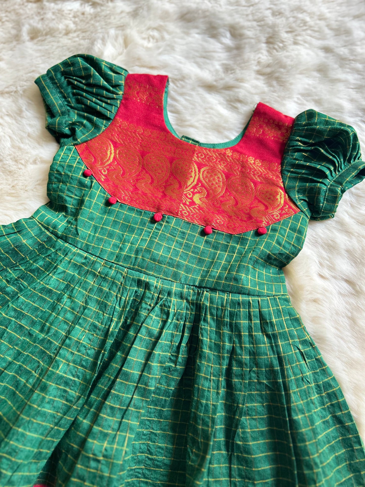 Traditional green with red zari border kalyani cotton silk dress for baby girl