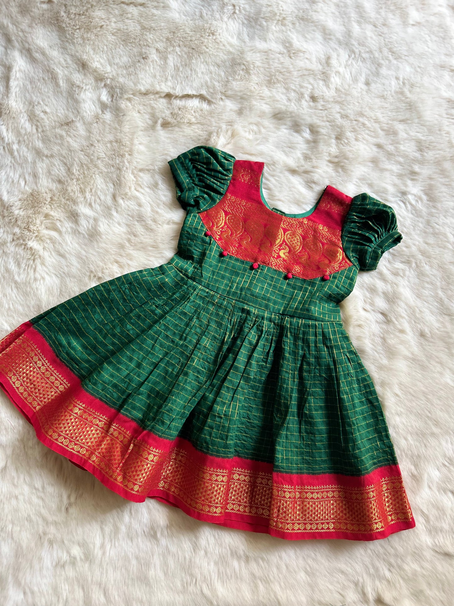 Traditional green with red zari border kalyani cotton silk dress for baby girl