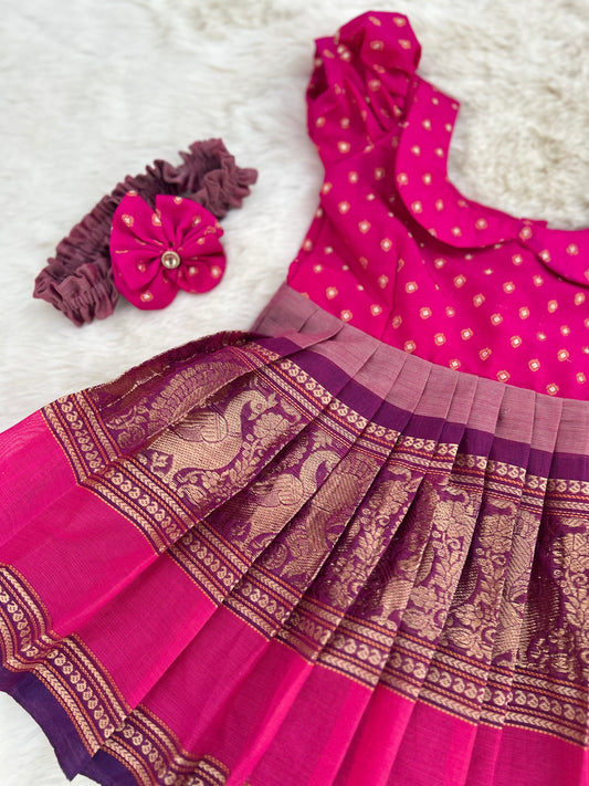 Pink and Khadi Orange (Big Border) - Kanchi Cotton Silk Ethnic Wear Frock for Baby Girl