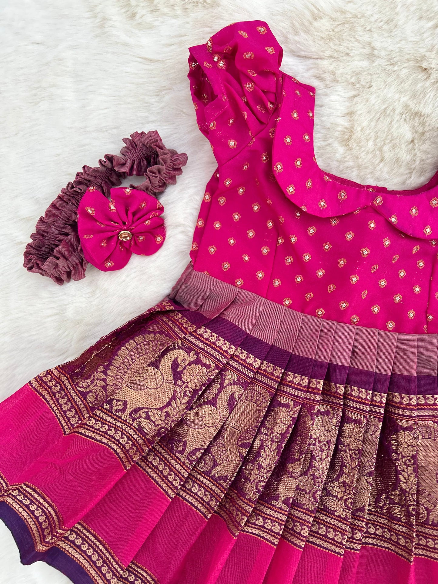 Pink and Khadi Orange (Big Border) - Kanchi Cotton Silk Ethnic Wear Frock for Baby Girl