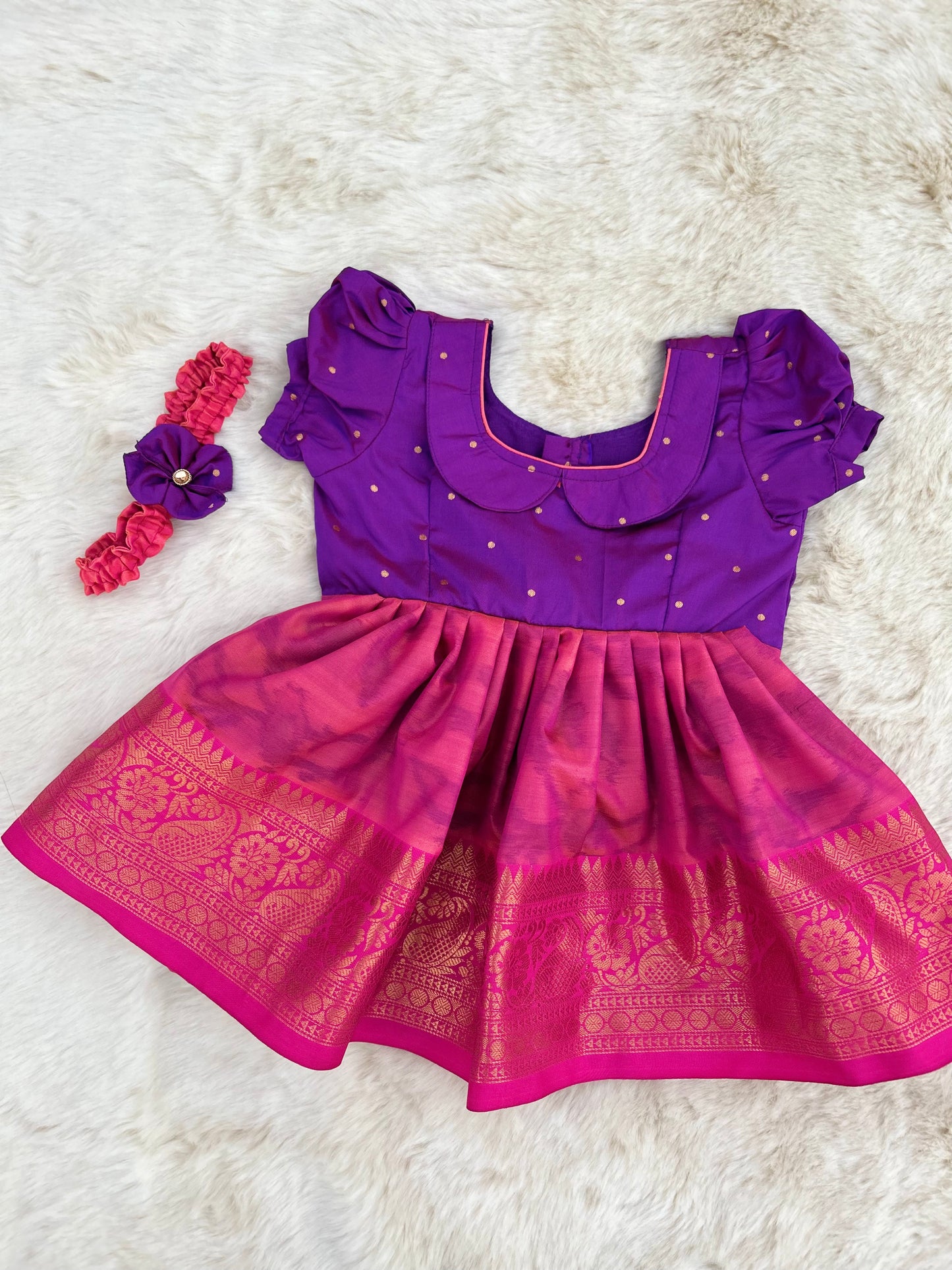 Dual Tone Purple with Pink (Vintage Style) - Soft Silk Kalamkari Design Ethnic Wear Frock for Baby Girl