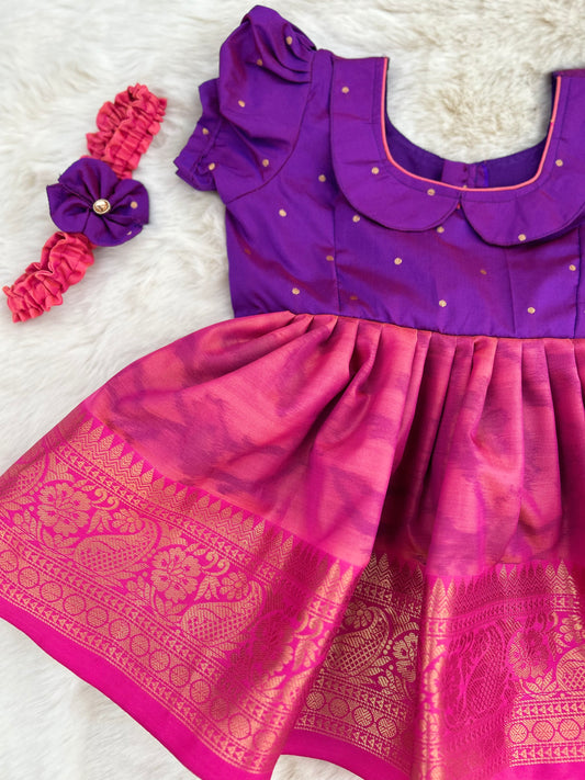 Dual Tone Purple with Pink (Vintage Style) - Soft Silk Kalamkari Design Ethnic Wear Frock for Baby Girl