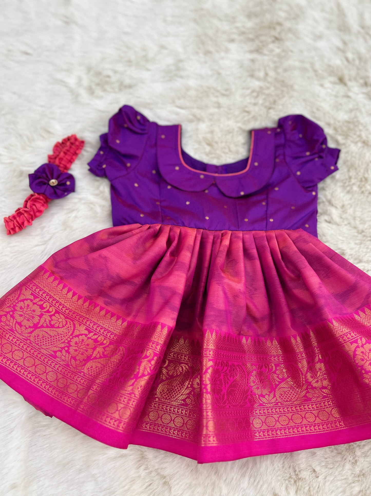 Dual Tone Purple with Pink (Vintage Style) - Soft Silk Kalamkari Design Ethnic Wear Frock for Baby Girl